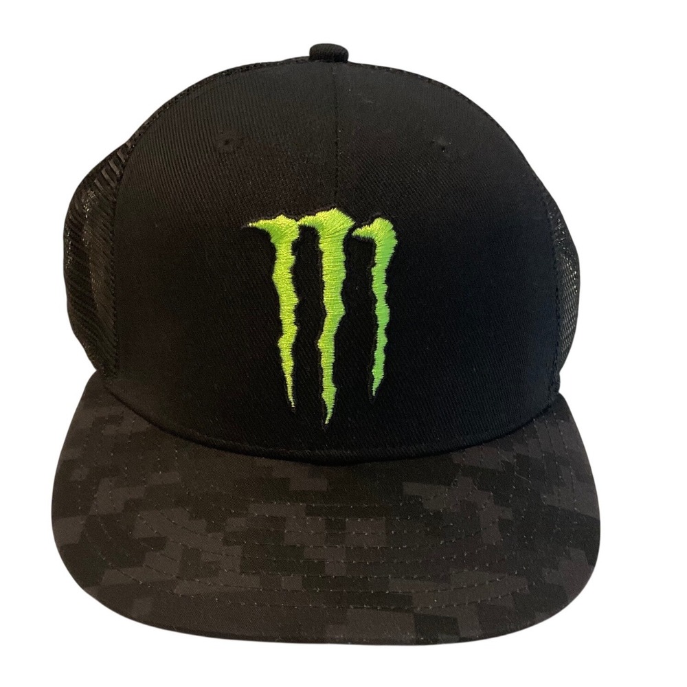 Monster Energy Snapback Hat Black Digital Camo Flat Brim Mesh Trucker Cap Logo